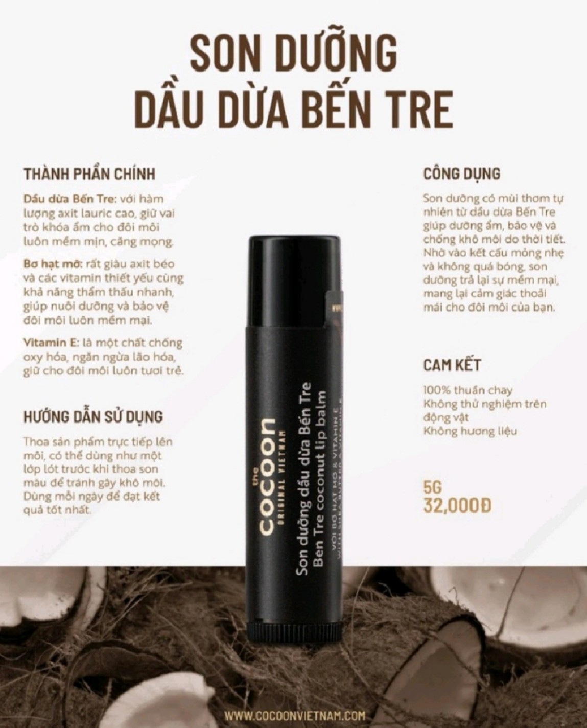 Son Dưỡng Dầu Dừa Bến Tre Cocoon 5g