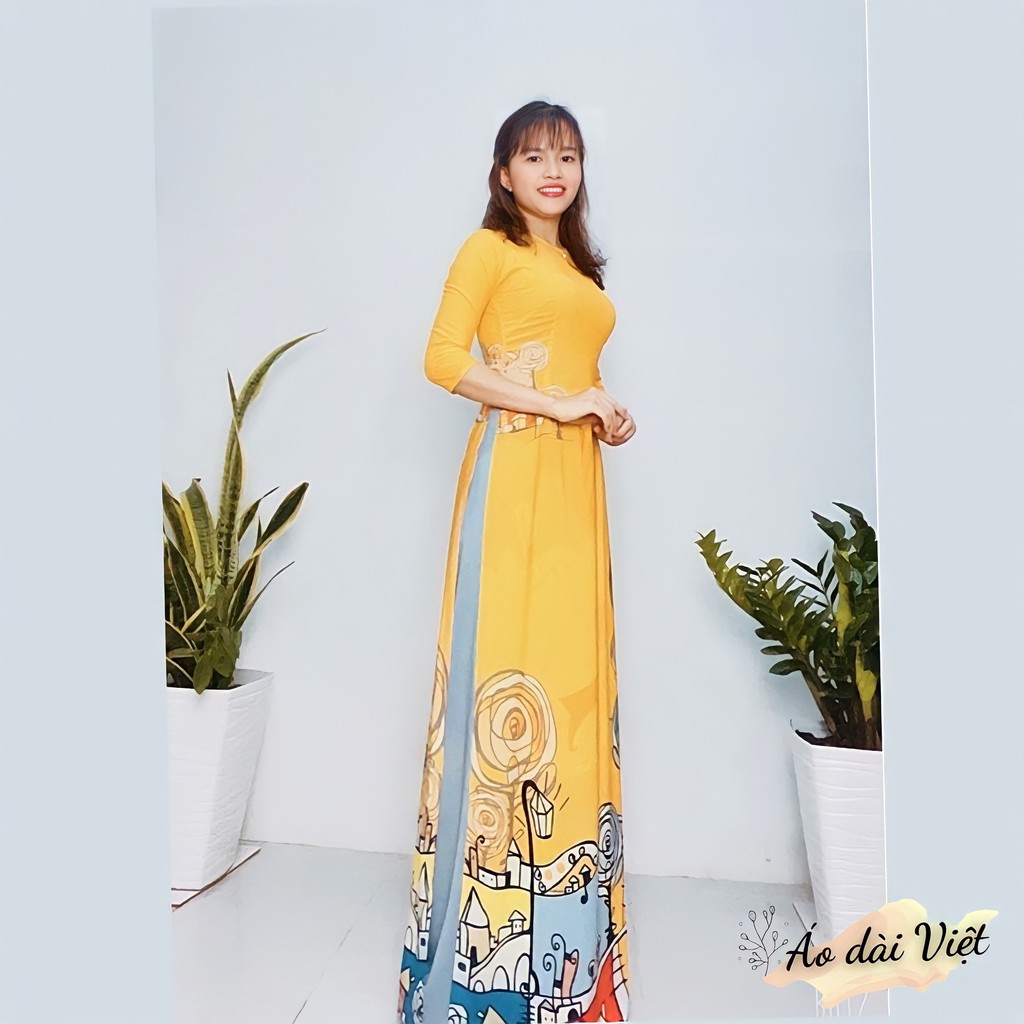 Áo dài truyền thống nữ hoa lụa đẹp may sẵn in 3d