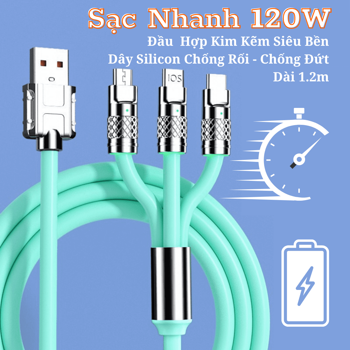 Dây Cáp 3 Đầu Sạc Nhanh 120W 6A Cổng Micro USB type C Bằng silicon Cho iPhone Android.