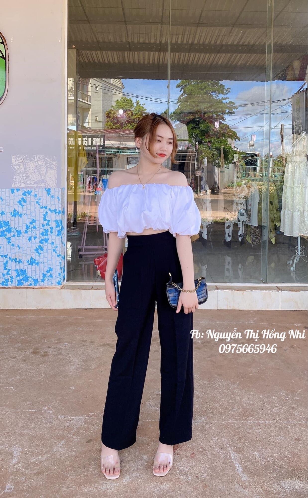 Set quần suông + áo kiểu bẹt vai tay bồng