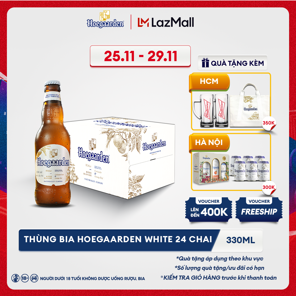 [25.11 - 29.11 VC ĐẾN 100K+FS] Thùng 24 chai bia Hoegaarden White (330ml/chai)