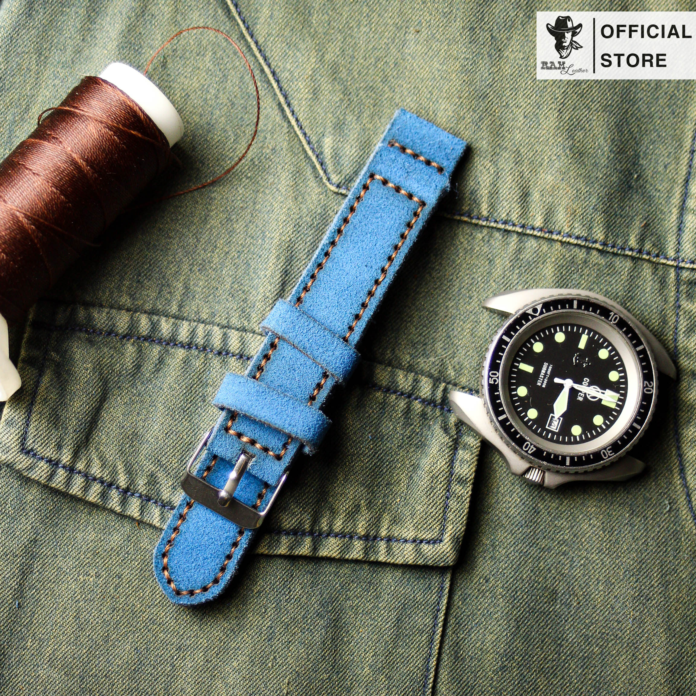 Dây da đồng hồ Siêu bền Da Bò Bản Bền Đẹp RAM Leather Classic 1963 Xanh Coban Chính Hãng RAM Leather