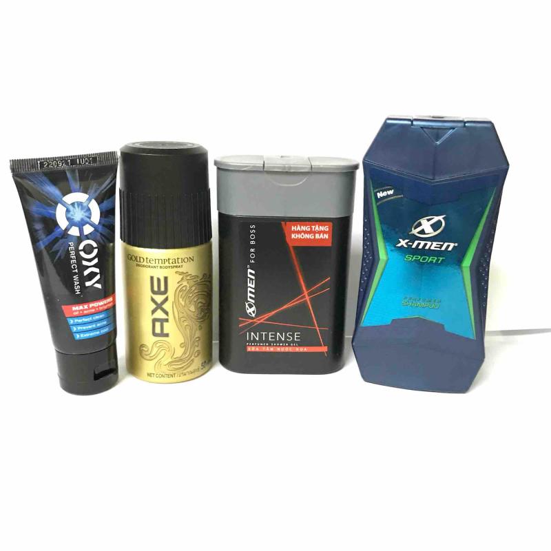 Trọn bộ dành cho nam giới 4 món gồm: 1 Chai dầu gội Xmen nước hoa sạch gàu thơm mát 70g/Chai + 1 Chai xịt khử mùi Xmen 40ml/Chai (hoặc Axe) + 1 Chai sữa tắm Xmen 85ml/chai + Tặng 1 Tuýp rửa mặt Oxy 25g/tuýp