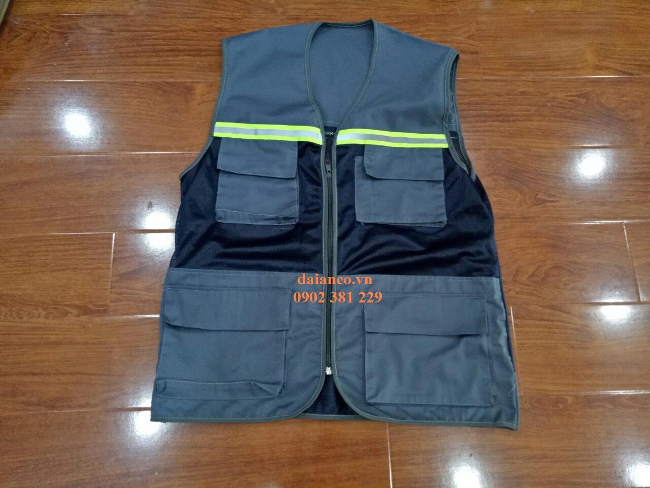 Áo ghi lê kỹ sư phản quang xanh phối lưới màu xanh than 1 kéo 4 túi hộp