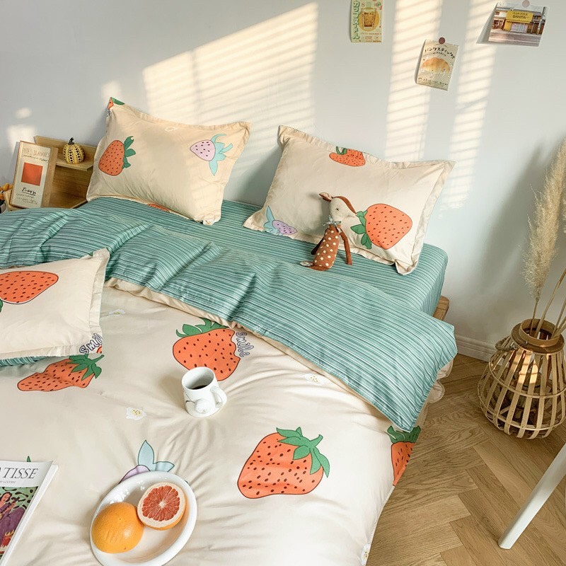 Trọn bộ chăn ga gối mền cotton poly nhập mẫu dâu tây cam xanh siêu cute.evex shop