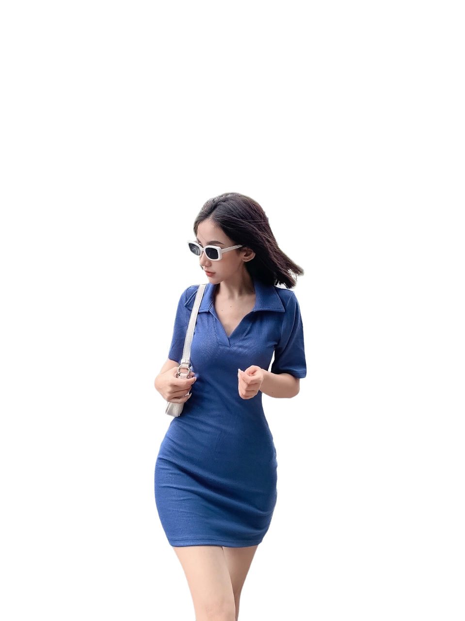 Đầm Body con Basic cổ bẻ tay ngắn chất Gân