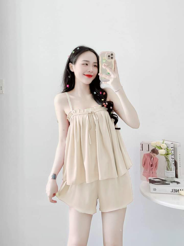 Đồ Bộ Đùi Dây Phối Ren Vải Phi Lụa Mềm Mại  Freesize 45-57kg Đồ Bộ Đùi Vải Phi Lụa Mềm Mát