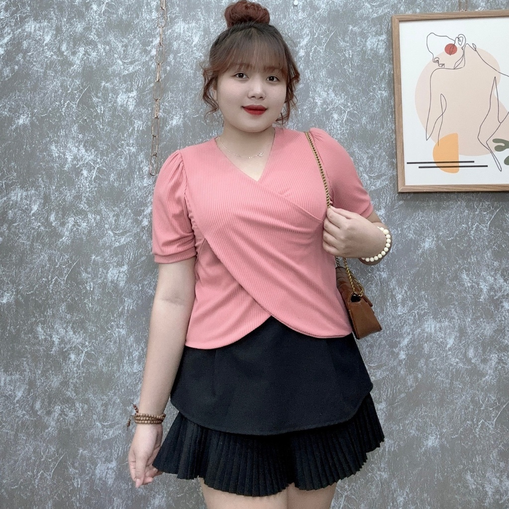 Áo thun tay ngắn bigsize thiết kế đắp chéo hottrend Áo phông chất gân tăm co giãn phom rộng 60-95kg G36