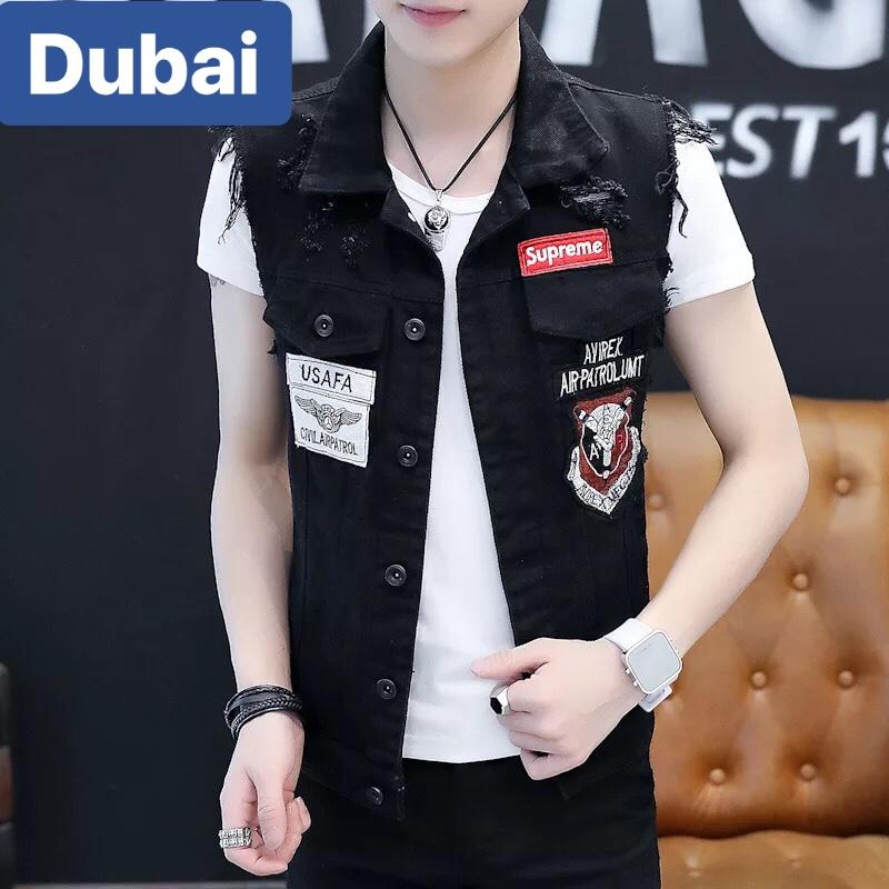 ÁO KHOÁC JEAN NAM CHẤT BÒ TRẮNG ĐEN TAY NGẮN MẶT BÁO HOT TREND 2023 - DUBAI FASHION