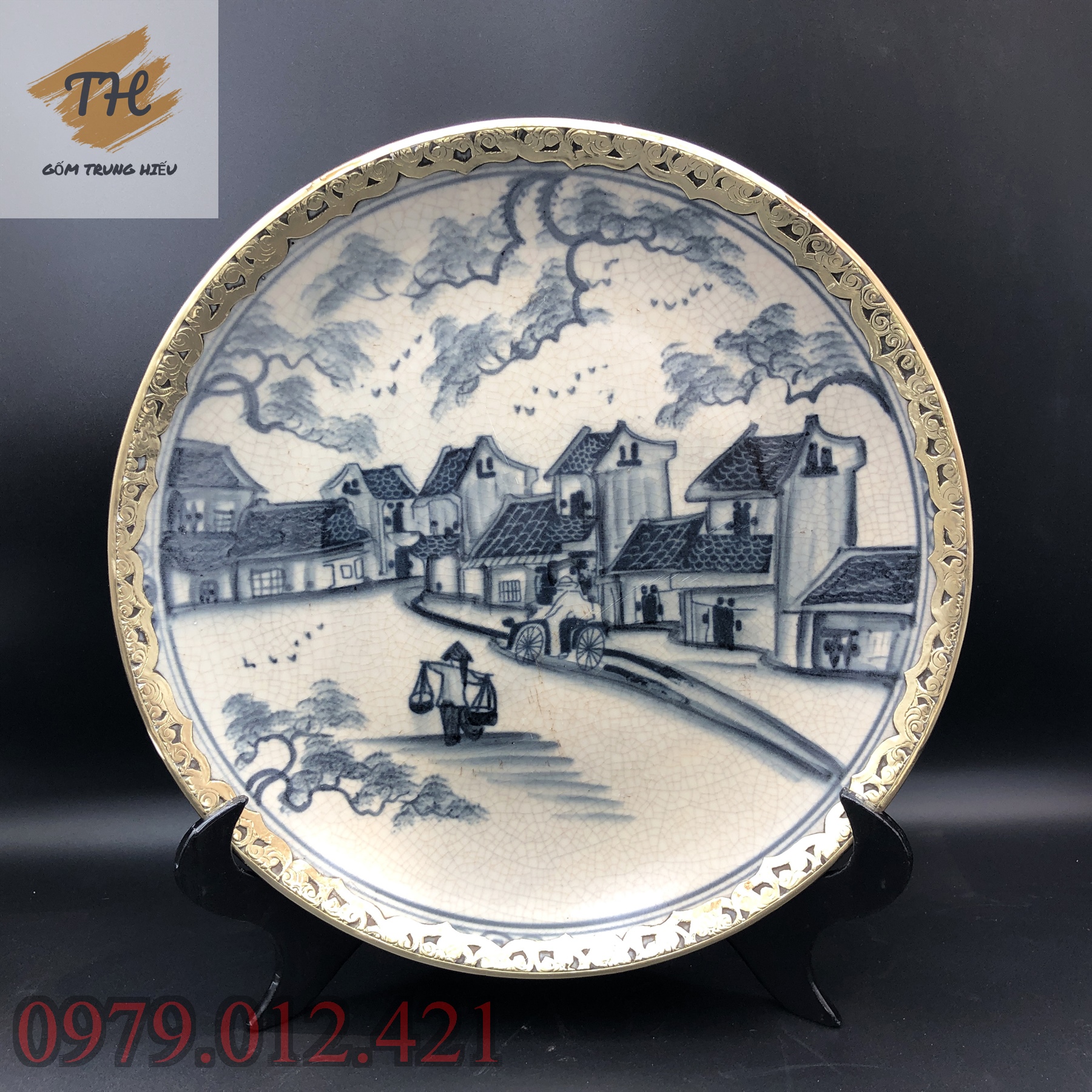 [Sale sốc] Đĩa cảnh men rạn giả cổ Bát Tràng 35cm Bọc đồng