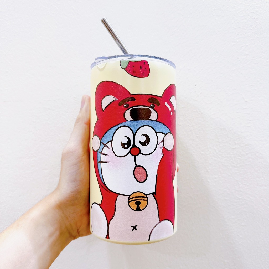 Ly giữ nhiệt Doraemon Gấu dâu Lotso inox 304 an toàn chống gỉ cao cấp, Bình giữ nhiệt inox 304 gấu dâu Doremon tặng kèm ống hút cao cấp