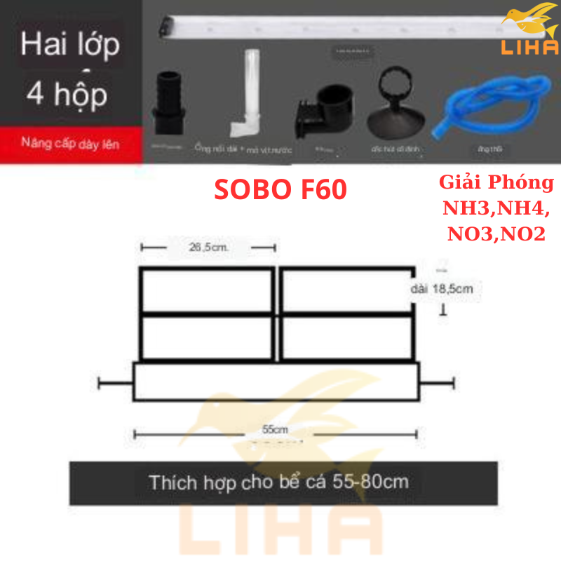 Sobo F-60 Bộ Lọc Dàn Mưa 2 Tầng 4 Khay Lọc Bằng Mica Cho Hồ Cá 55-80cm