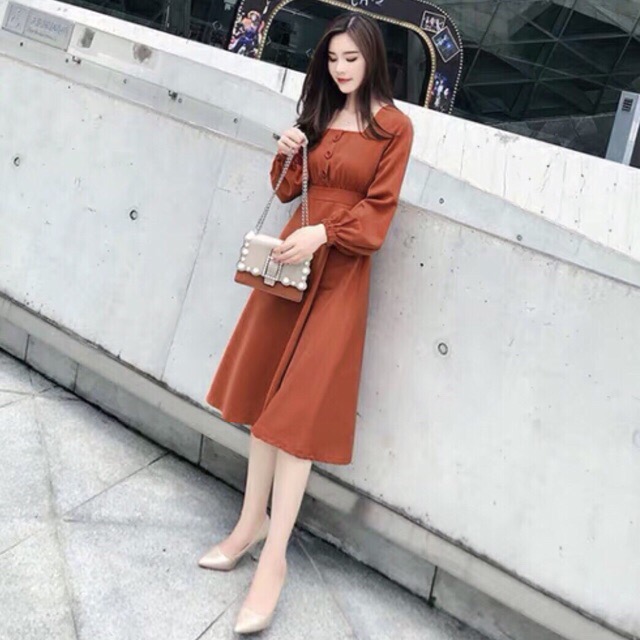[HCM]DM637 - Orange Maxi Dress Square Neck with Puffy Sleeves