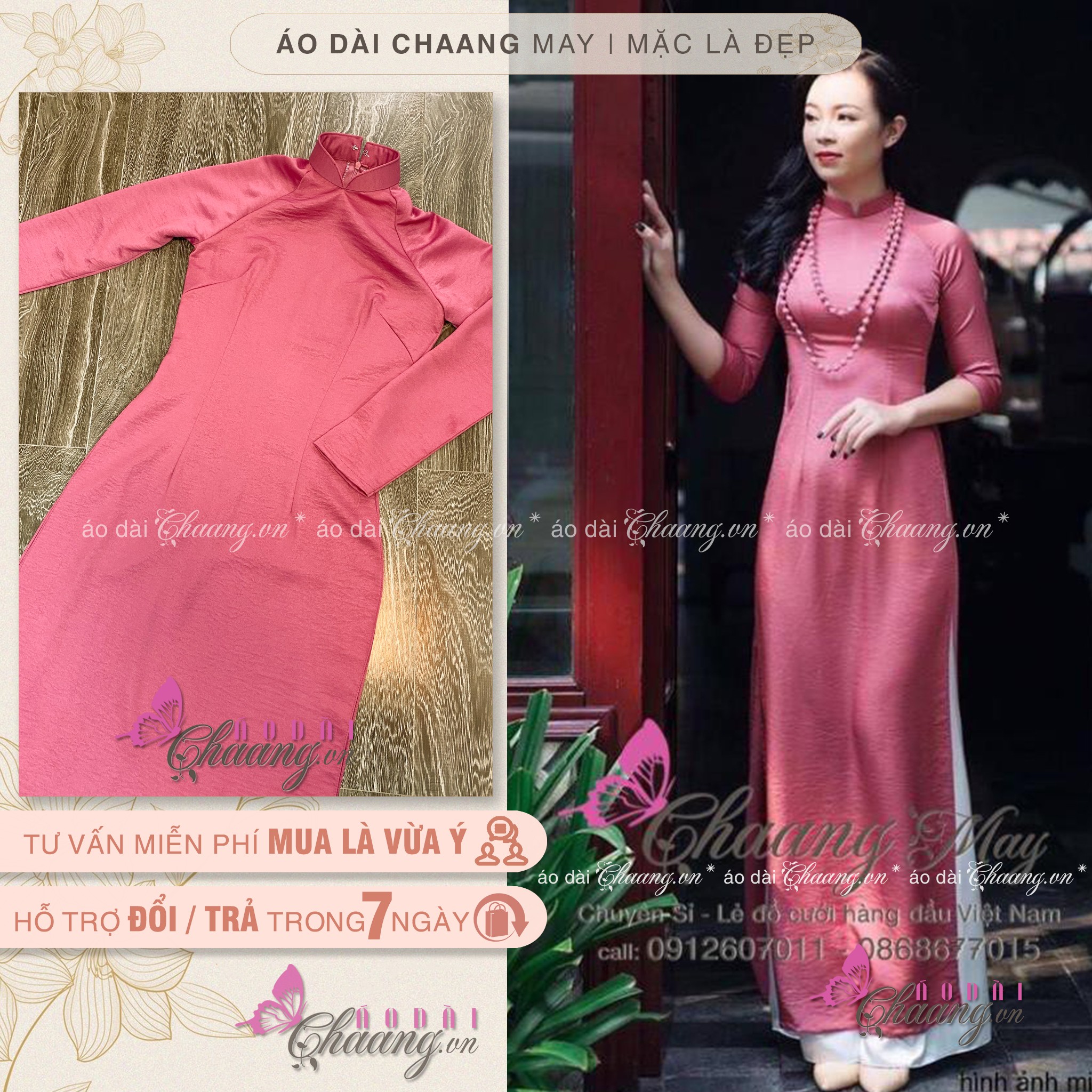 Áo dài truyền thống hồng đỗ CHAANG may sẵn áo dài tân thời, vải lụa tây thi cao cấp