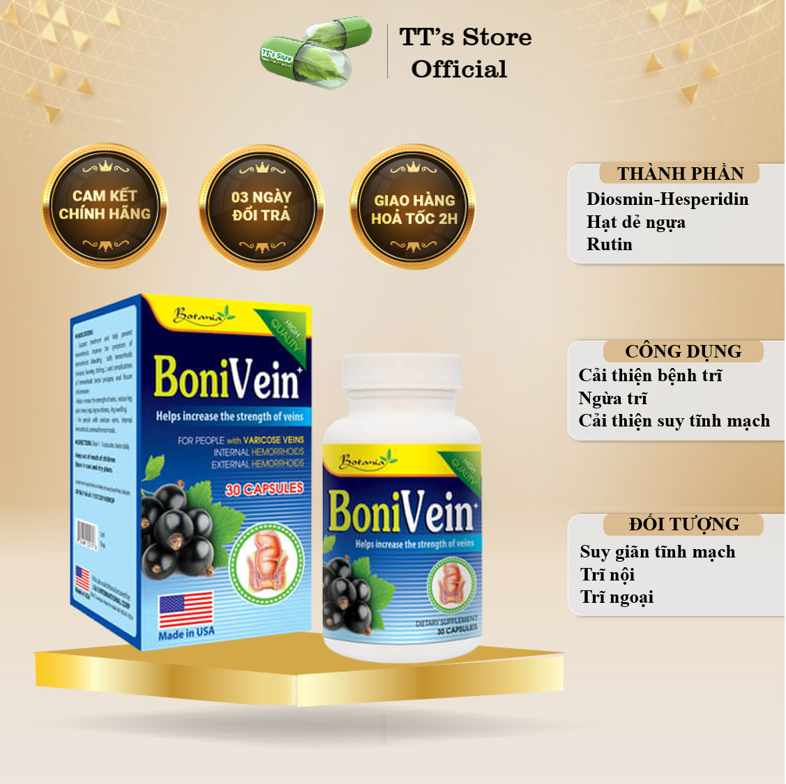 BoniVein Hộp 30 viên - Hỗ trợ trĩ, giãn tĩnh mạch