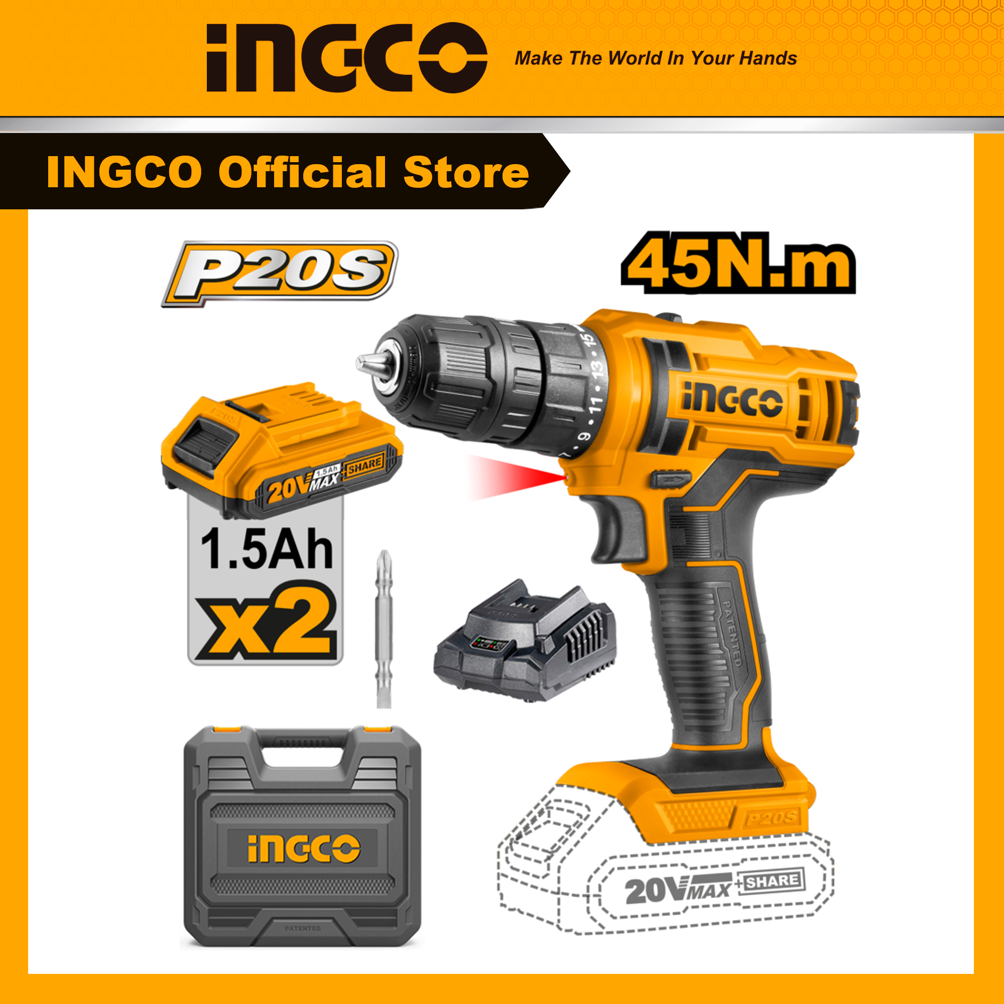 Máy khoan dùng pin 20V, tặng kèm 2pin + sạc, đựng trong hộp nhựa INGCO CDLI20028 siết vít, khoan gỗ, kim loại giá rẻ