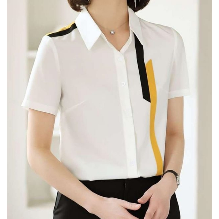 Áo sơ mi nữ ngắn tay viền vàng GS822 Thời trang PONIVA BRANCH Chất liệu cao cấp không nhăn không phai màu