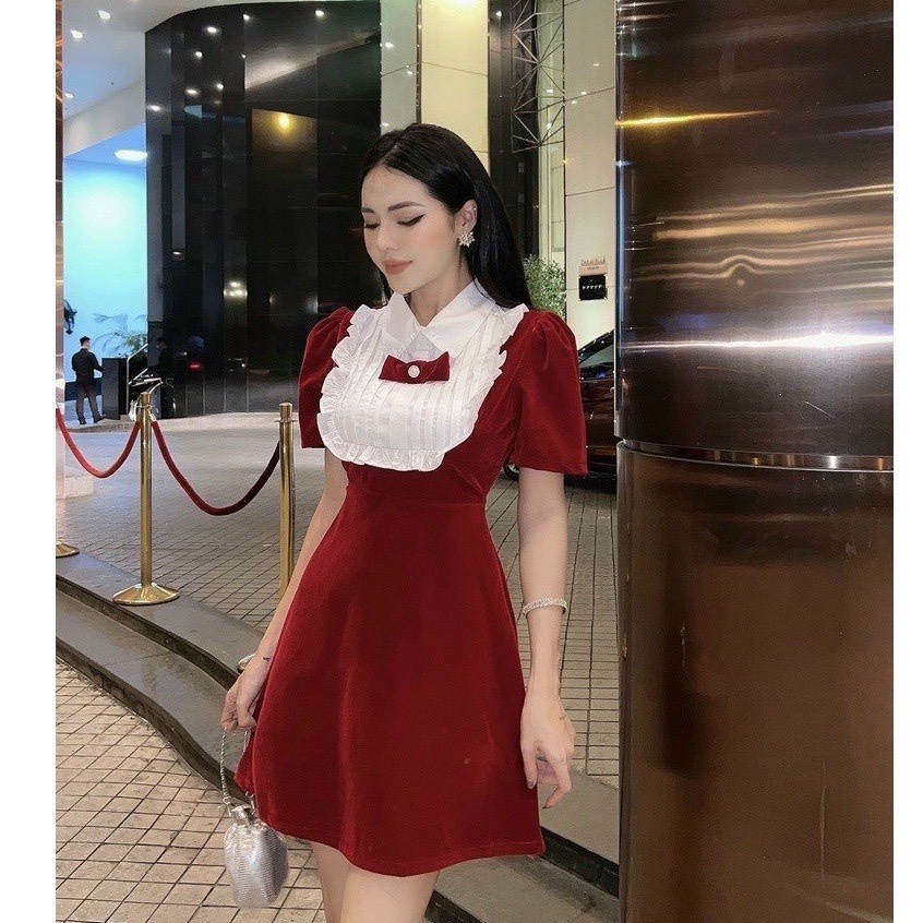 Đầm tiểu thư cổ áo sơ mi thời trang Hàn Quốc dễ thương - váy chữ A phối bèo trắng đính nơ hàng thiết kế cao cấp như hình