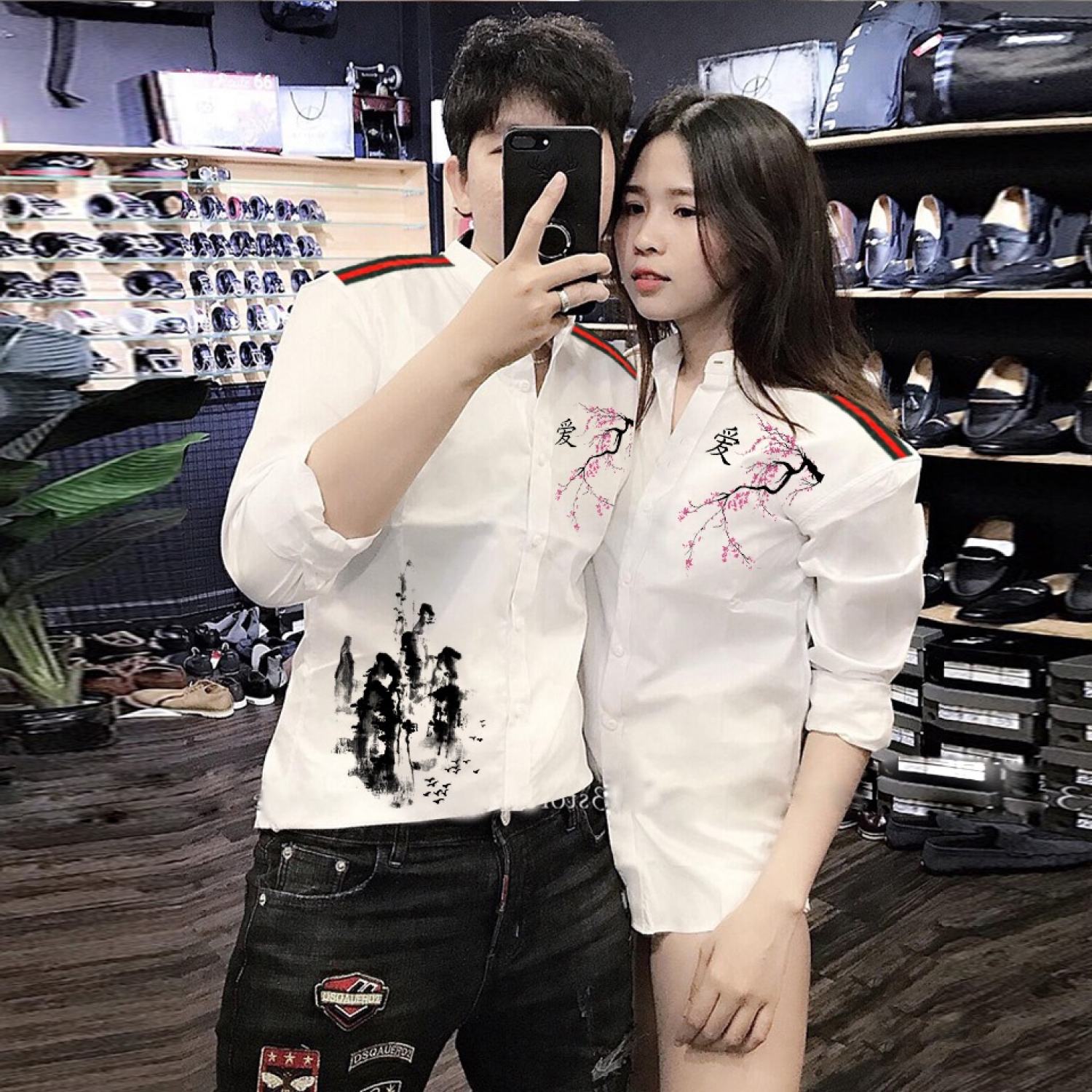 Áo sơ mi cặp đôi in love cao cấp | áo đôi nam nữ đẹp
