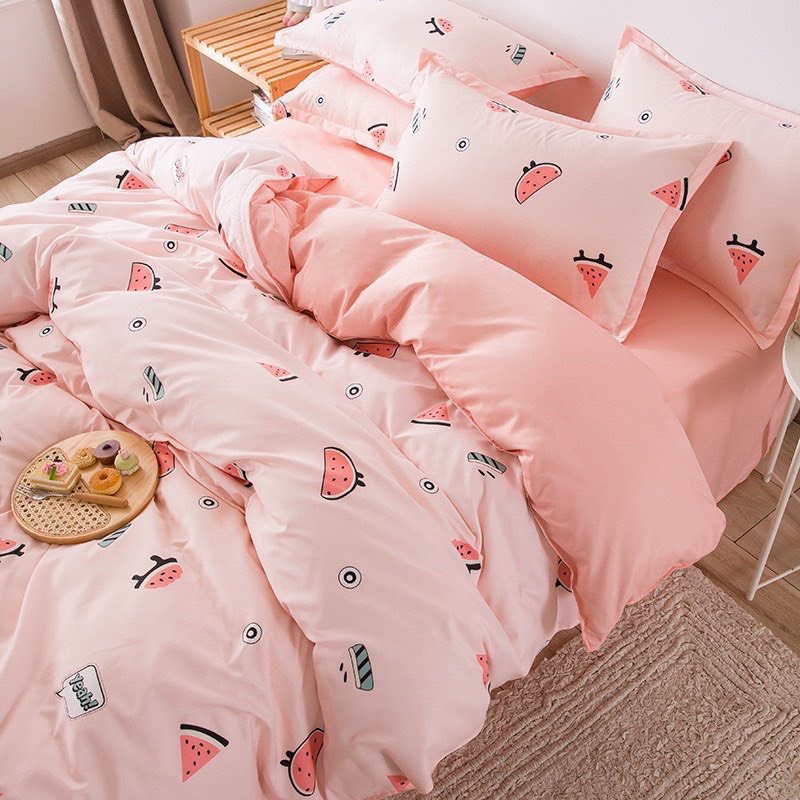 Chăn ga gối cotton poly - Mẫu dưa hấu hồng.