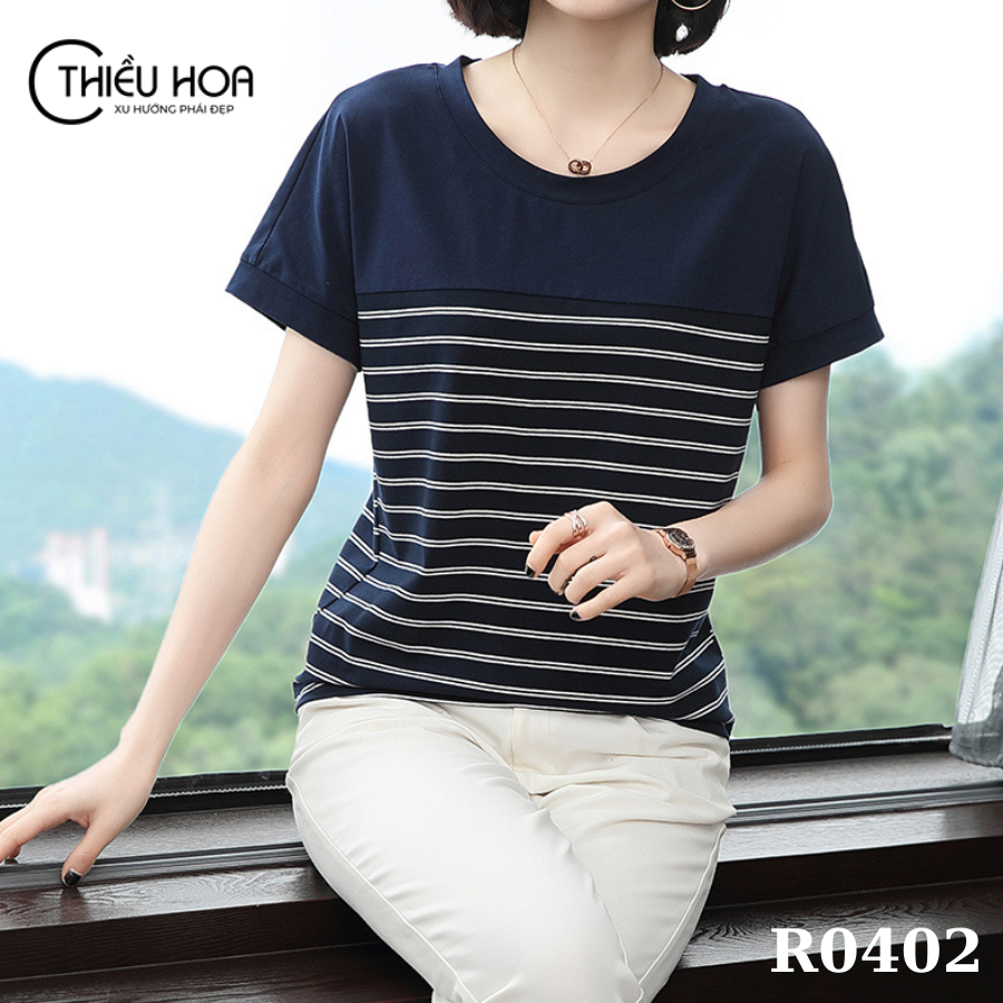 Áo thun Cotton mềm mịn hoạ tiết sọc ngang chất liệu R0402  Thời Trang Thiều Hoa