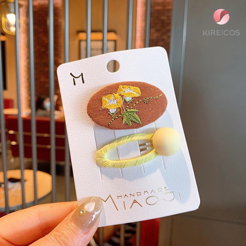 [HCM]Set 2 Kẹp Tóc Thêu Hoa Và Kẹp Bấm Tóc Màu Macaroon - kireicos