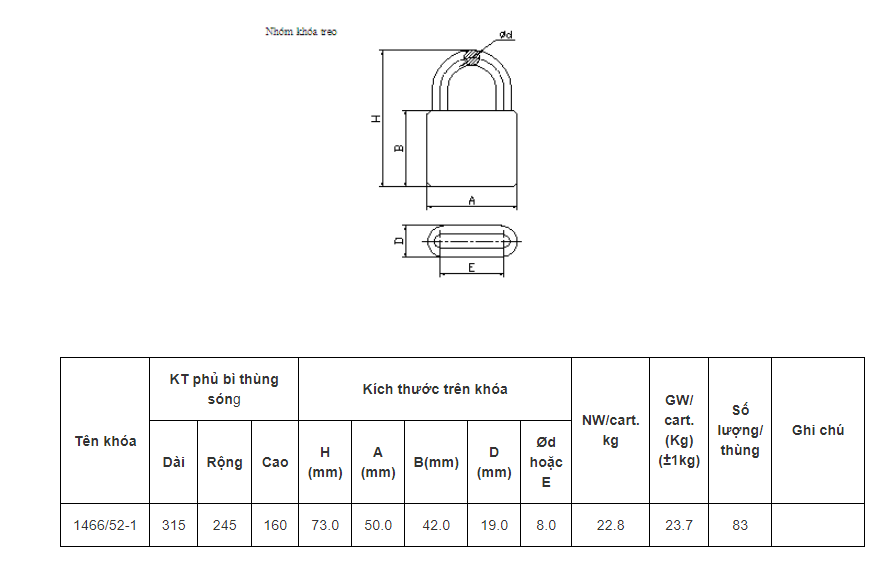 Khóa treo gang bấm Việt Tiệp 73 x 50 phi 8 (1466/52-1)