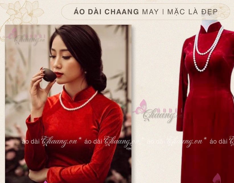 Áo dài nhung đỏ sang trọng CHAANG May Áo dài truyền thống cao cấp, vải nhung mềm độ co giãn tốt, dự tiệc, đám hỏi