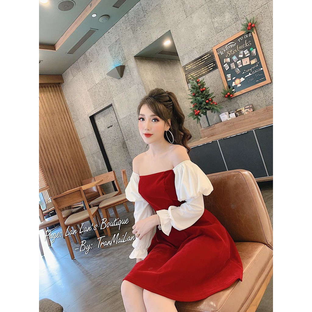 Đầm trễ vai cúp ngực tay bồng cao cấp cực xinh