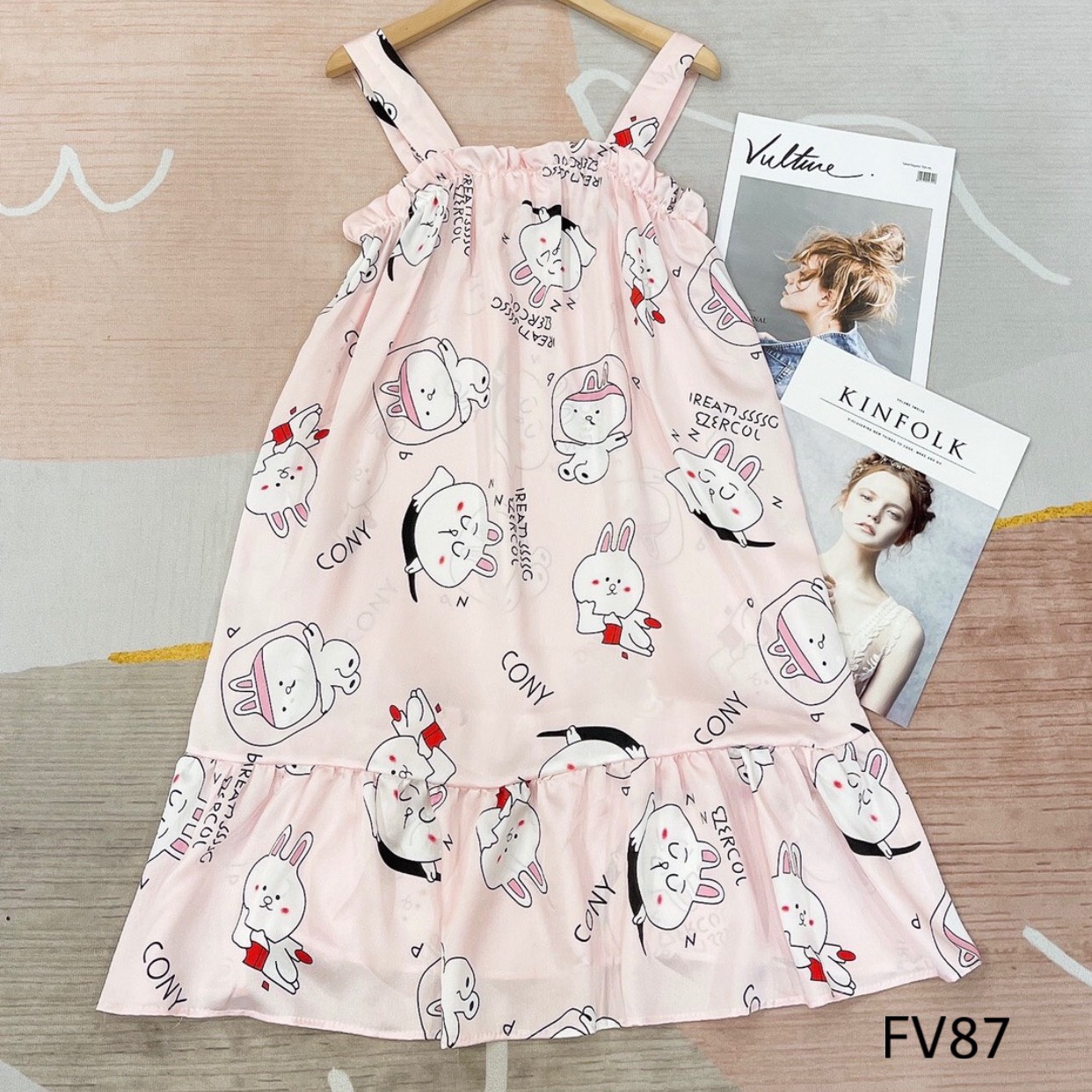 Váy ngủ 2 dây chun ngực lụa satin nhiều hình dễ thương