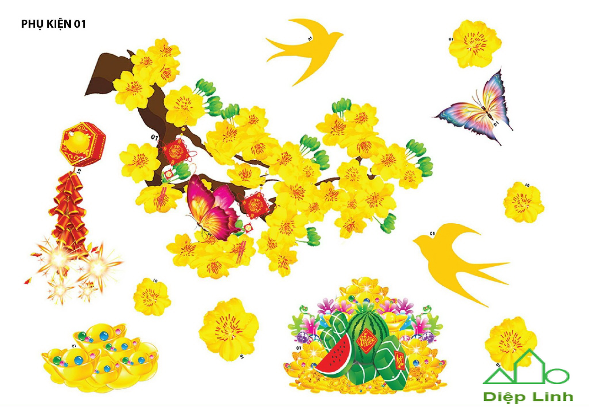 Decal trang trí tết hoa mai hoa đào nổi 4D nhỏ