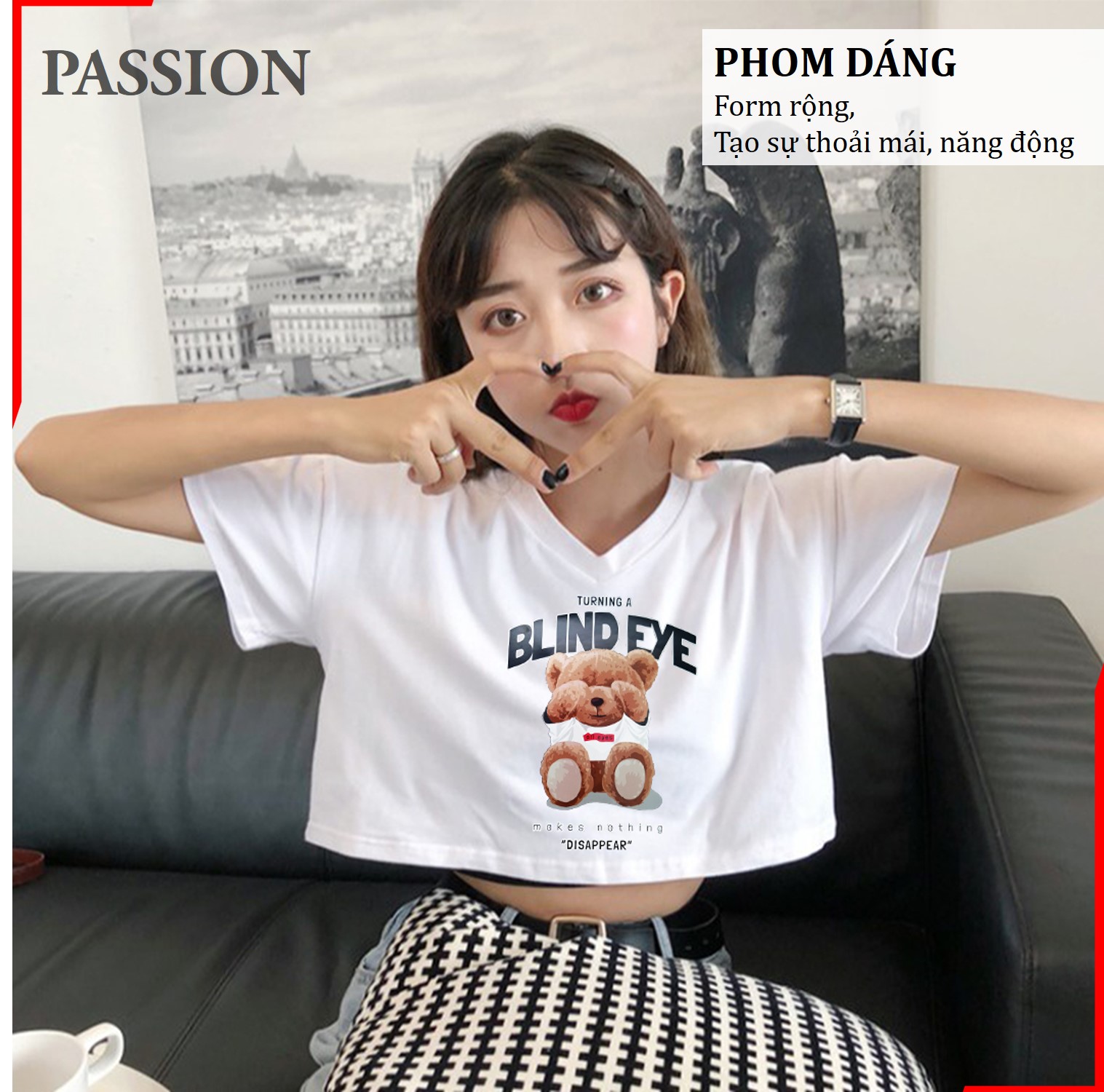 Áo thun croptop form rộng cổ tim in hình con gấu, kiểu dáng Ulzzang, croptop phom rộng cổ chữ V