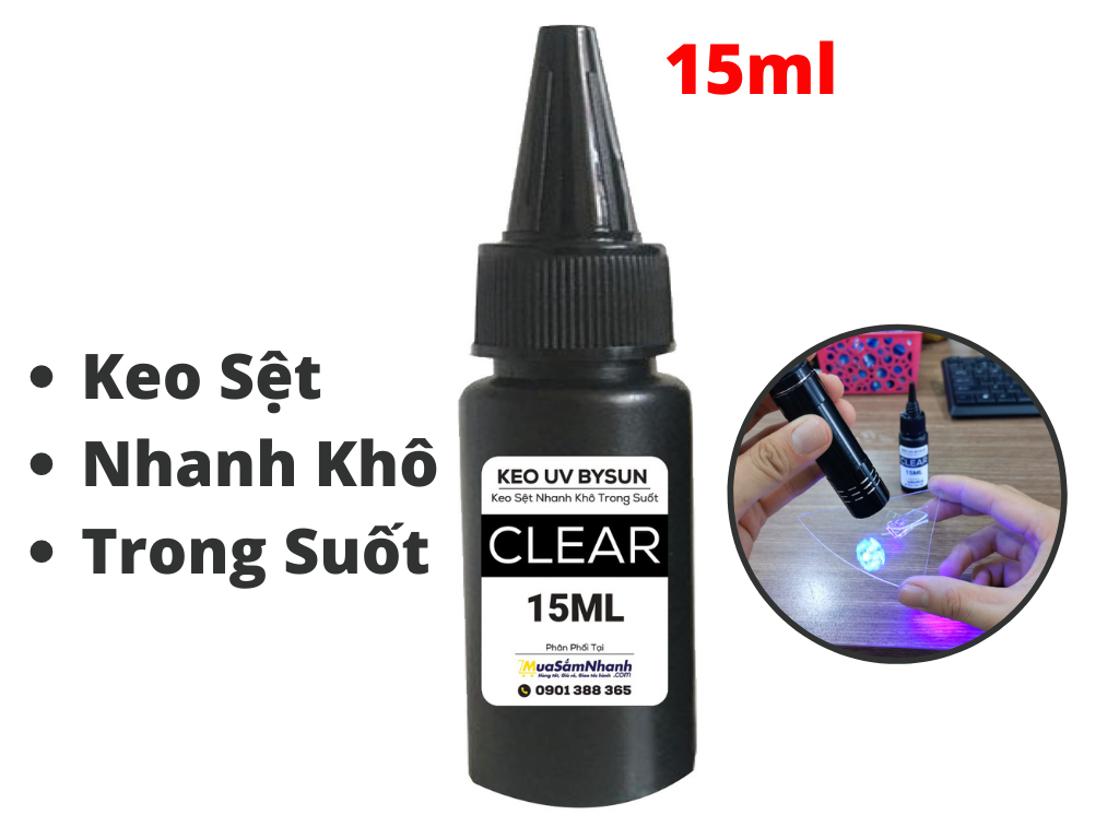 Keo UV Bysun Trong Suốt Dán Kính Dán Inox Dán Mica BySun Clear BB010 15ml ( Không Kèm Đèn )