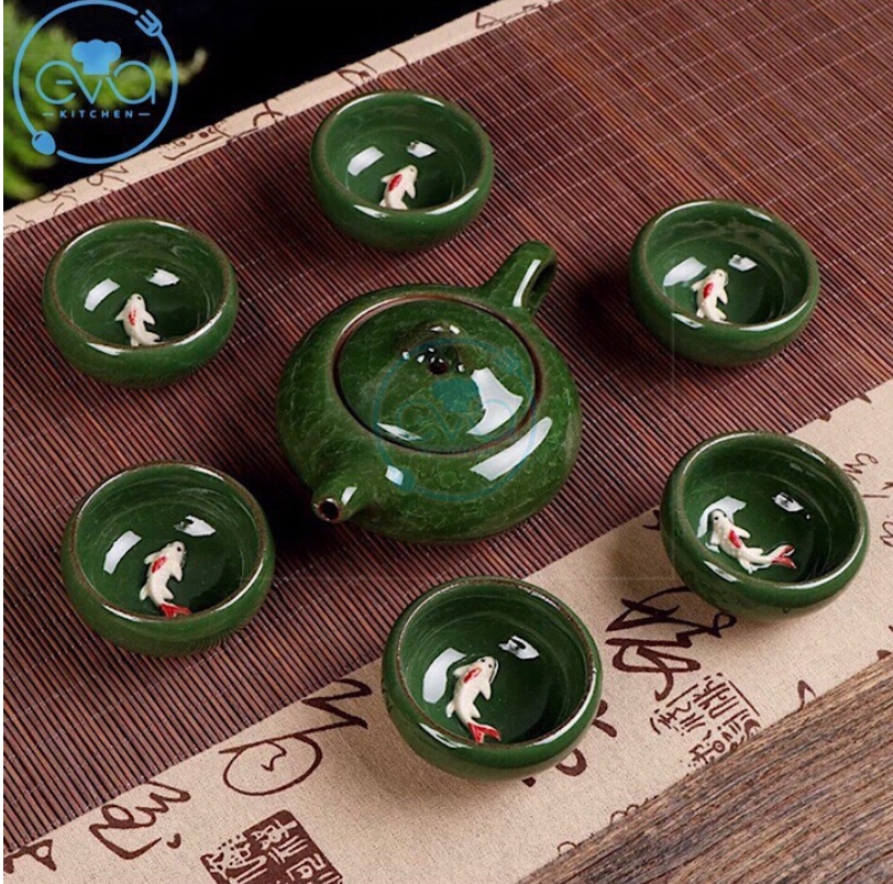 Bộ Ấm 6 Chén Trà Men Ngọc Bích Hình Cá 3D