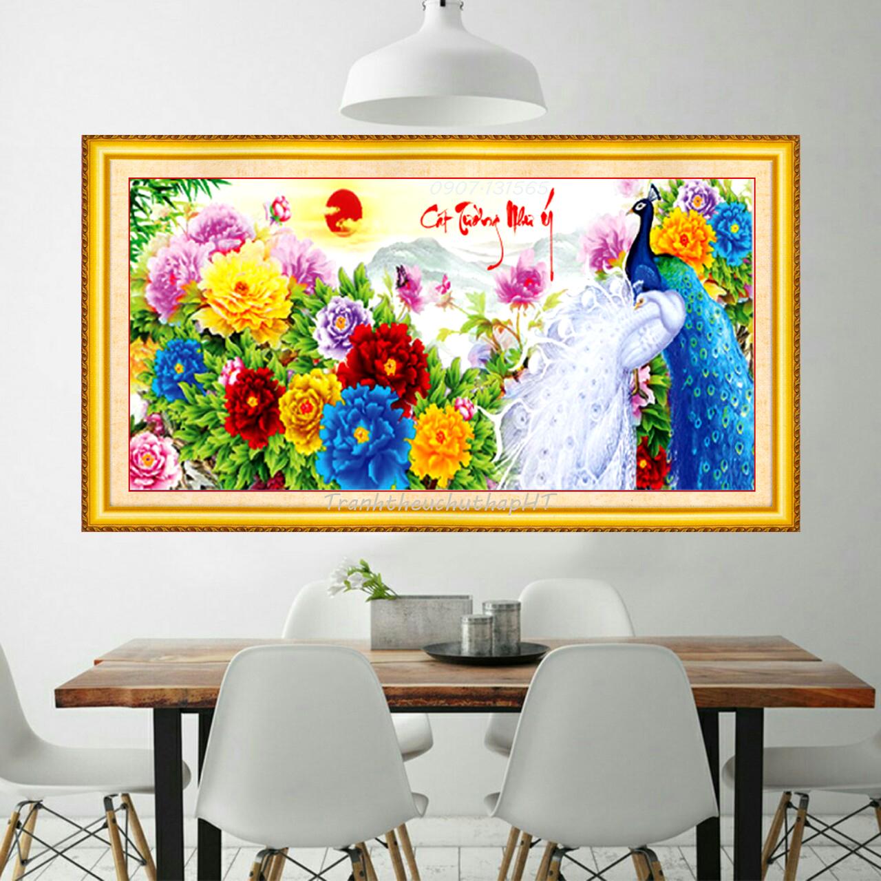 [HCM]Tranh đính đá - Tranh thêu chữ thập con công hoa mẫu đơn LV3201, LV267, LV268: 160*75cm - tự thêu