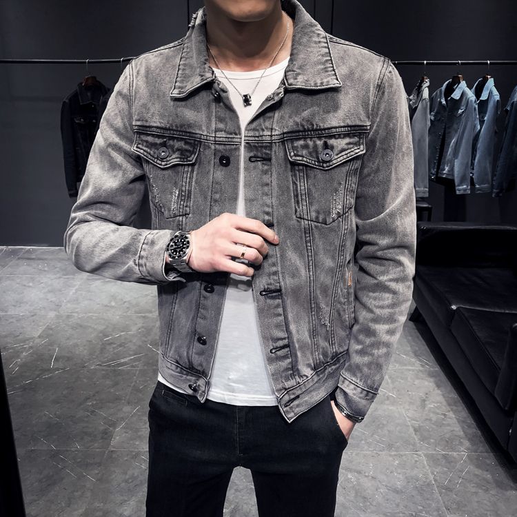 Áo khoác jean ?nam xám dài cao cấp có big size Áo khoác Denim nam Trơn Full Khoá Áo Một hàng nút Thường ngày Màu nhuộm Medium