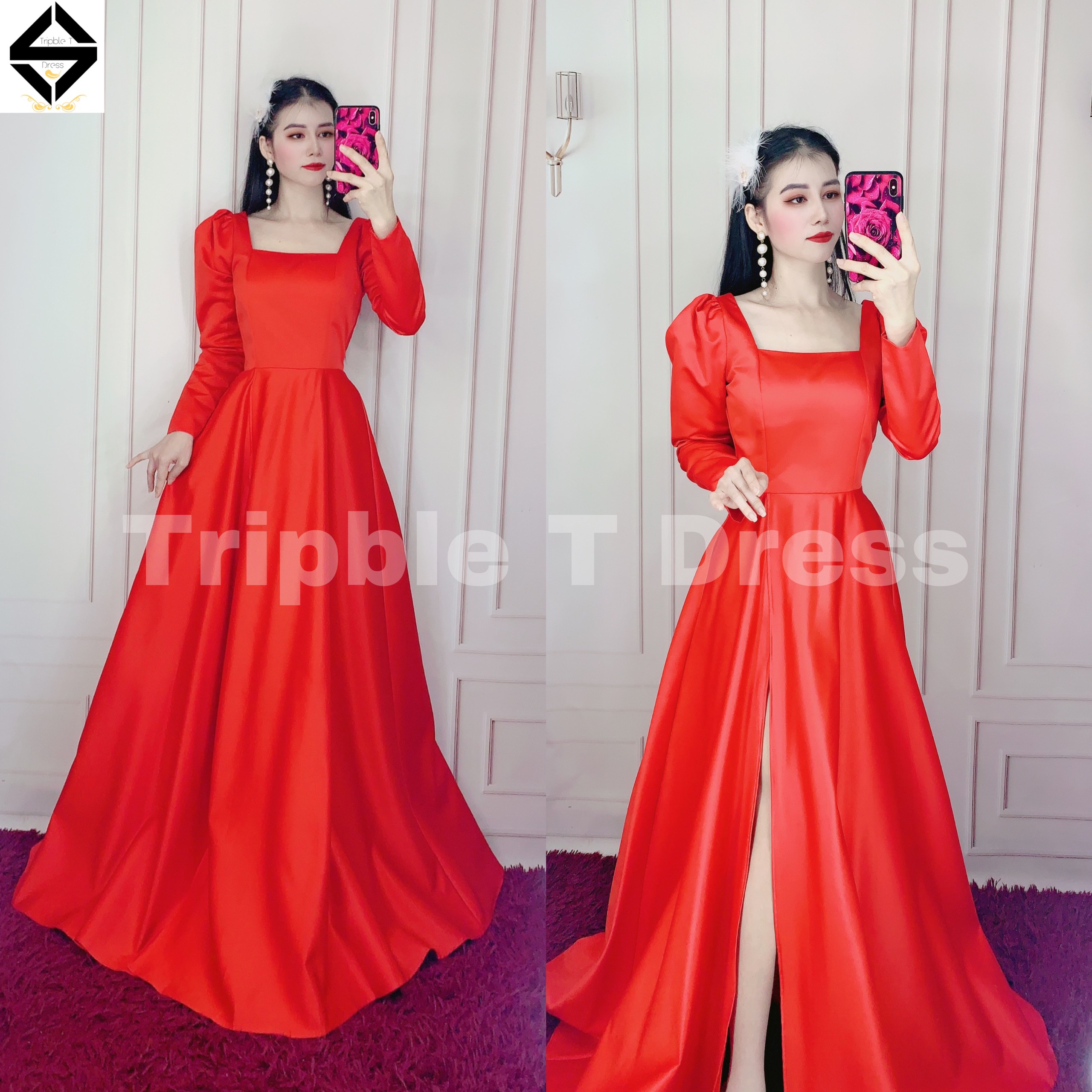Đầm maxi xòe dự tiệc mặc cưới tay dài cổ vuông xẻ đùi tripble t dress-size s/m/l- ms284v