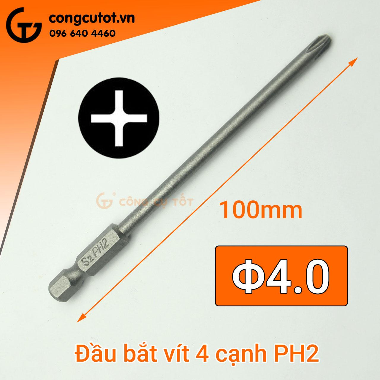 Bộ 5 đầu bắt vít 4 cạnh PH2 dài 100mm chuôi lục