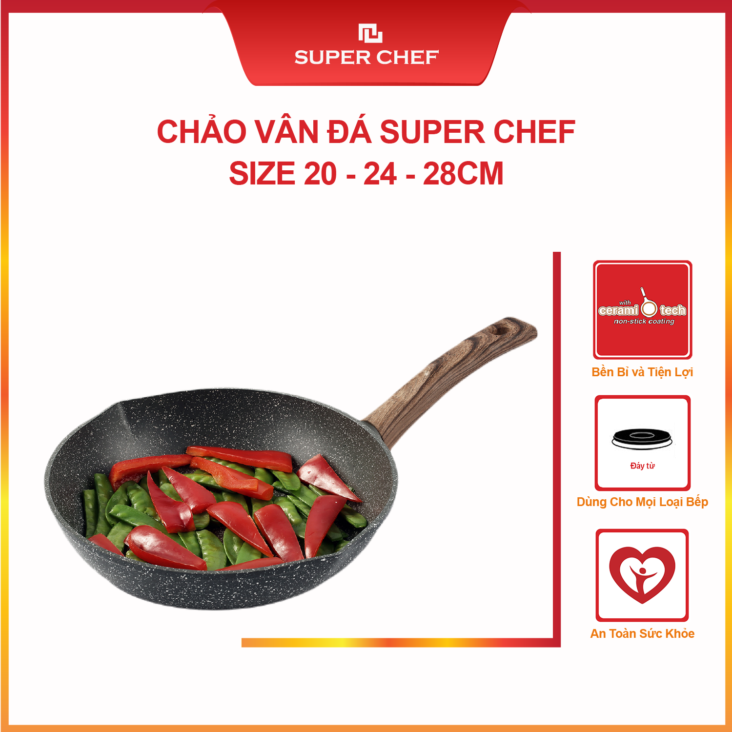 Chảo Chống dính Vân Đá Super Chef 2 miệng rót Siêu Bền Bỉ (20-24-28 cm)