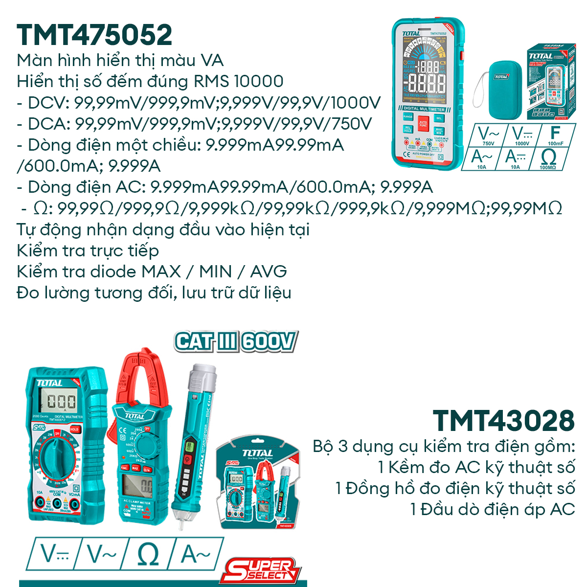 Đồng hồ đo điện vạn năng TOTAL màn hình LCD có đèn nền ban đêm đo dòng điện điện áp điện trở thông mạch TMT46001 TMT460012