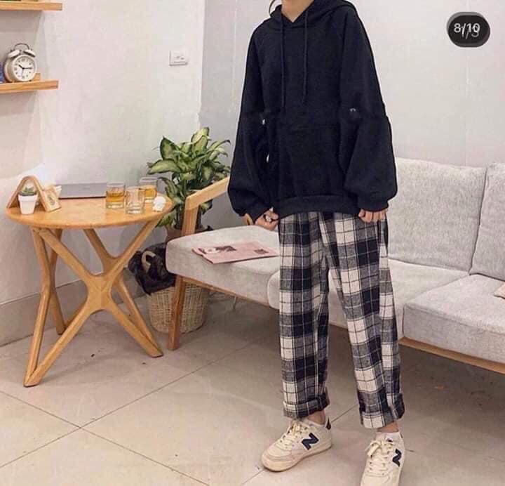 Quần vải kẻ nữ nâu đen 2 màu cá tnsh dáng xuông năng động cạp chun chất chơi phom dáng dễ mặc phối đồ chát thô kẻ mát hot hit 2020 LZ QV04