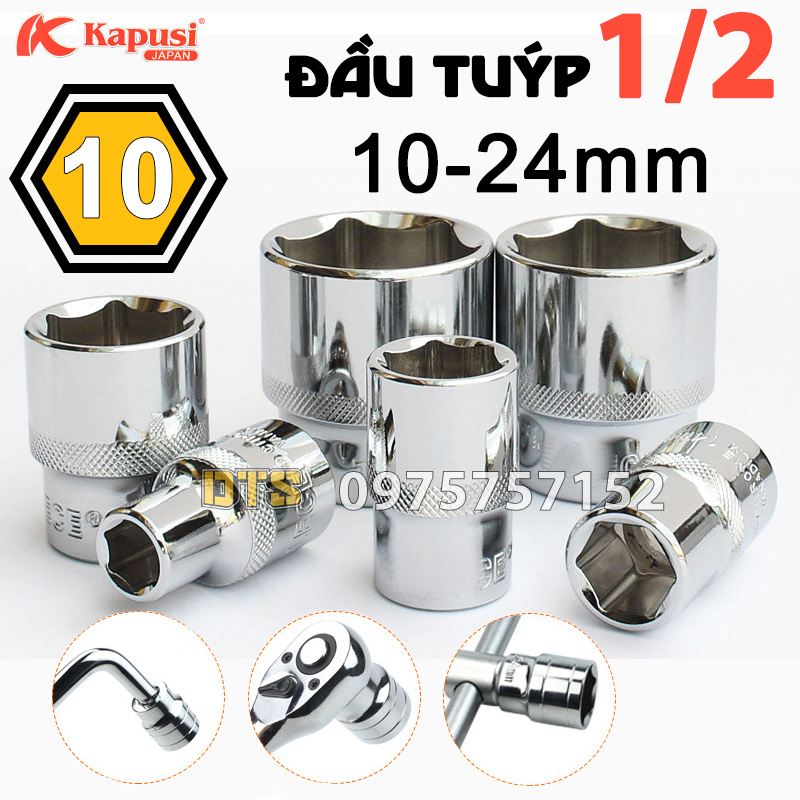 Bộ 10 đầu tuýp 1/2 công nghiệp KAPUSI 10-24mm, đầu típ, đầu khẩu lục giác 1/2 inch thép CR-V siêu cứng mở bulong, vặn ốc vít, đầu tiếp lục giác, phù hợp cần tuýp tự động, cần tuýp trượt, cần tuýp lắc léo, cần tuýp L
