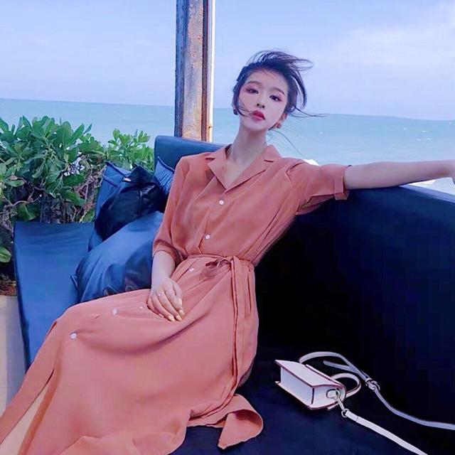 [HCM]Đầm sm hồng ruốc nút trắng