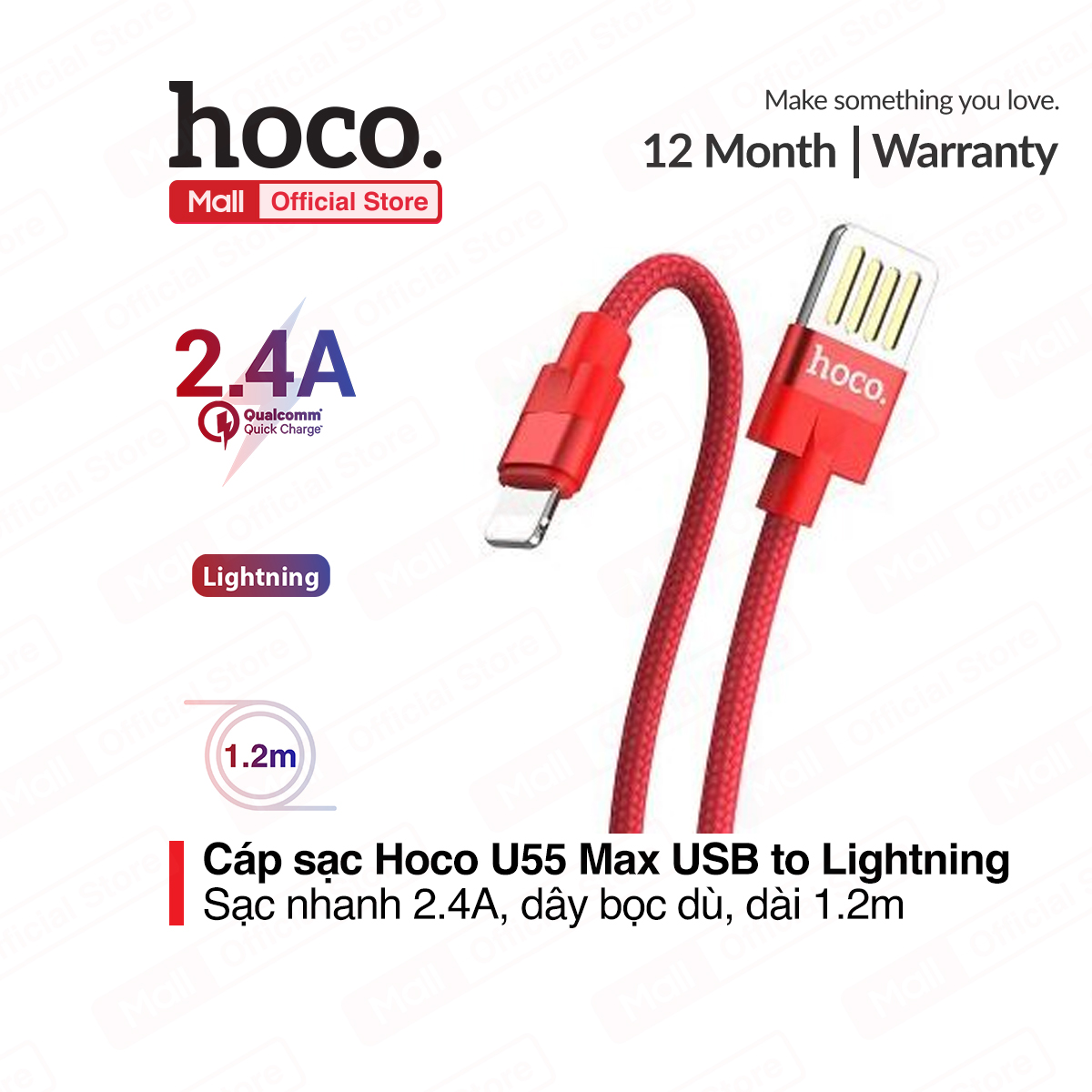 Cáp sạc nhanh và truyền dữ liệu Lightning Hoco U55 sạc nhanh 2.4A MAX dây sạc bọc dù chống rối chống đứt dành cho iPhone XS max iPhone 11 iPhone 11 Pro max dài 120cm