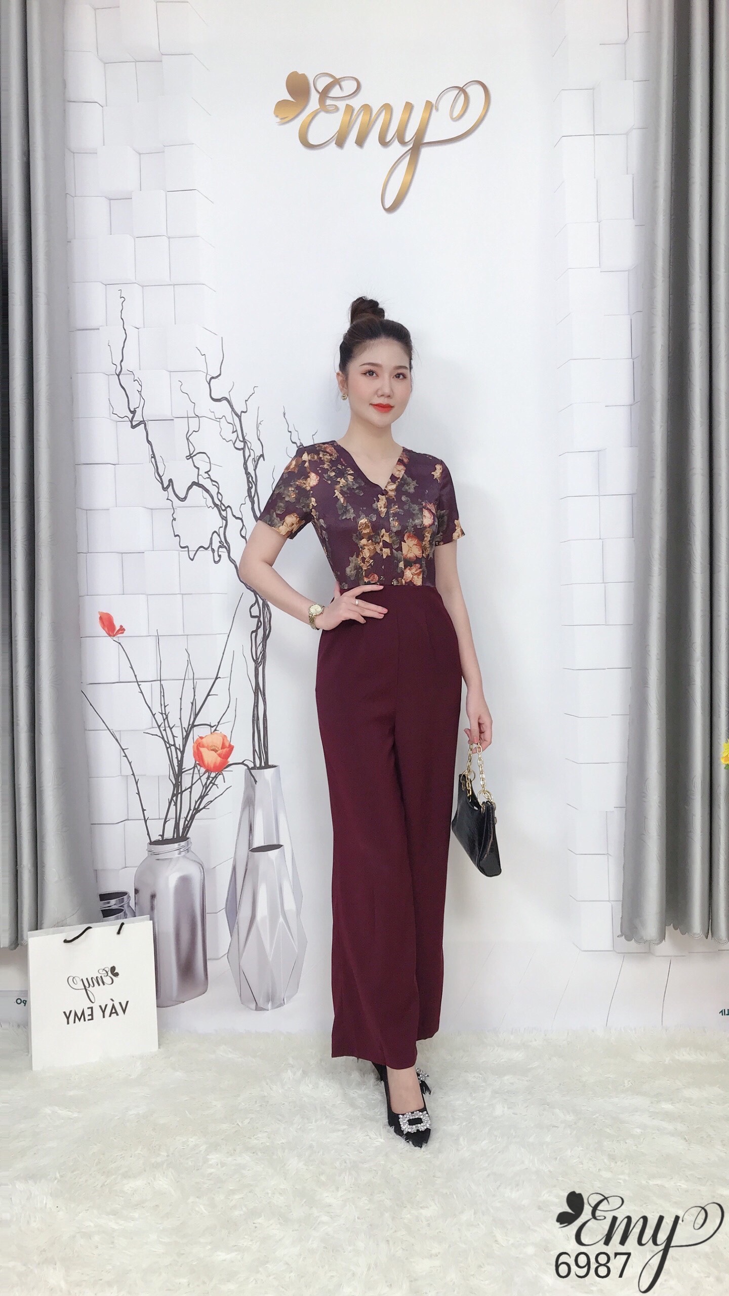 Đầm EMY EM6987 Jum Phối Cổ V Ống Suông