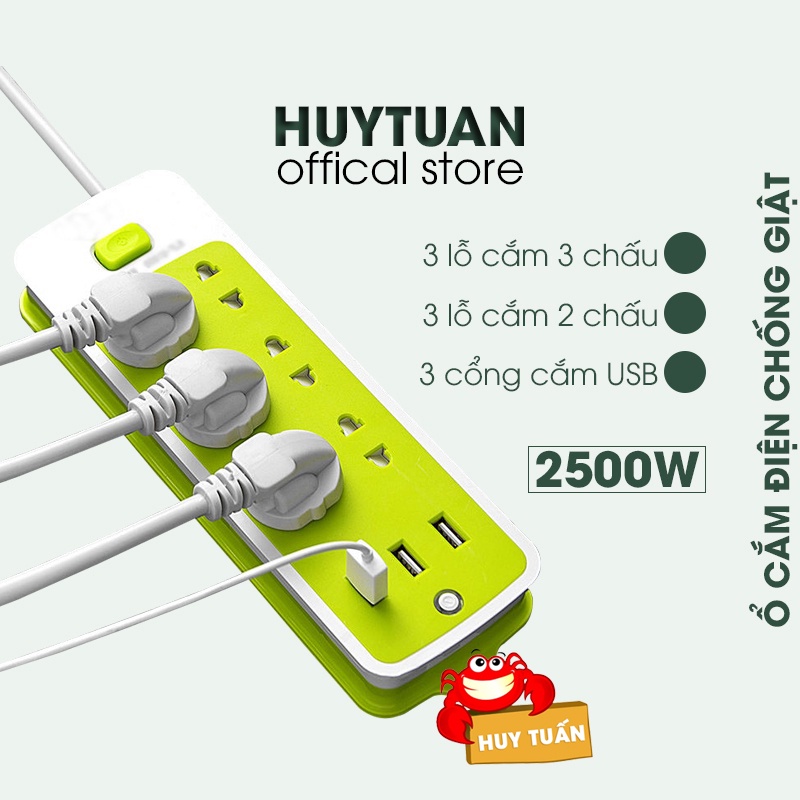 Ổ cắm điện xanh đa năng chống giật tích hợp 3 cổng USB, Ổ cắm điện, Ổ cắm điện đa năng chống giật, Huy Tuấn