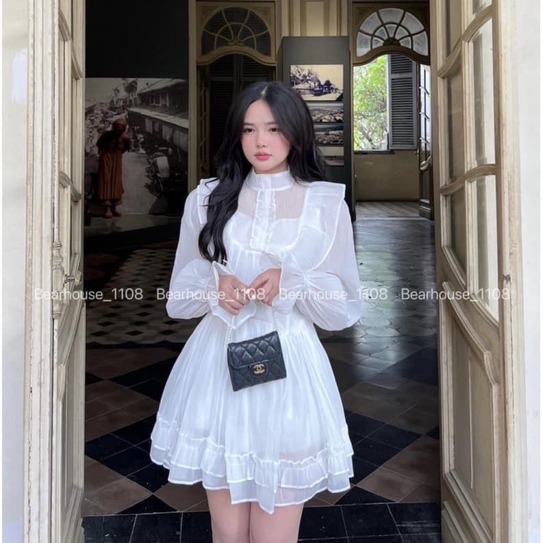 Đầm trắng dự tiệc Voan tơ 2 lớp viền bèo dài tay tiểu thư- váy BABYDOLL xòe đi chơi đám cưới kỷ yếu dễ thương- đầm công chúa trễ vai xòe bồng bềnh,váy lolita, váy xòe thiết kế tay bồng,đầm tiểu thư ulzzang hàn quốc, AMELIA