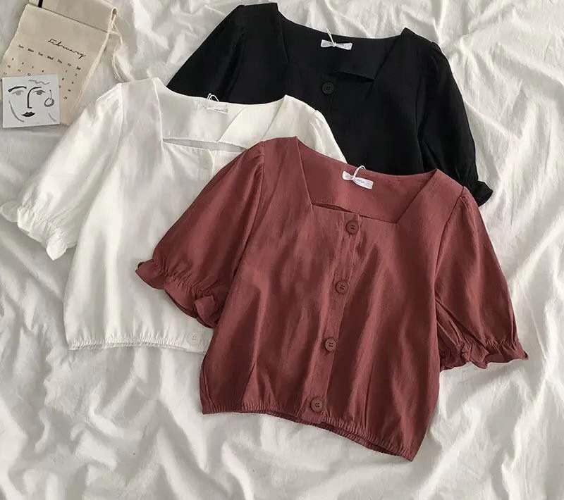 Áo Croptop Cổ Vuông Tay Ngắn