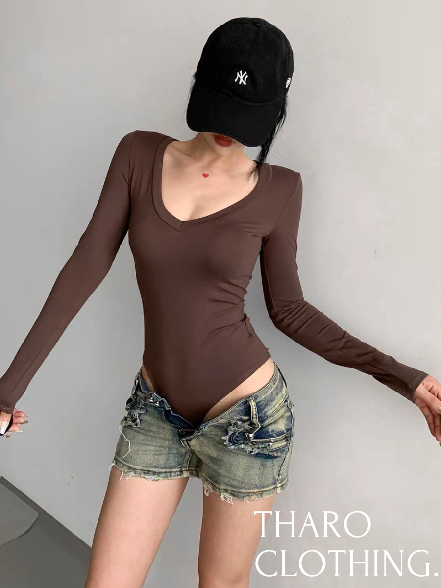 Bodysuit Cổ Tim Tay Dài Nhún Eo - Tharo Clothing [AO00169]