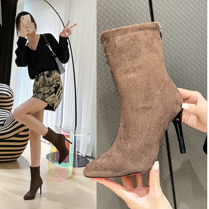 [NHẸ & ÊM CHÂN] Giày boot cao gót da lộn cổ lửng bốt nữ cao gót sang trọng ôm chân thon gọn S063